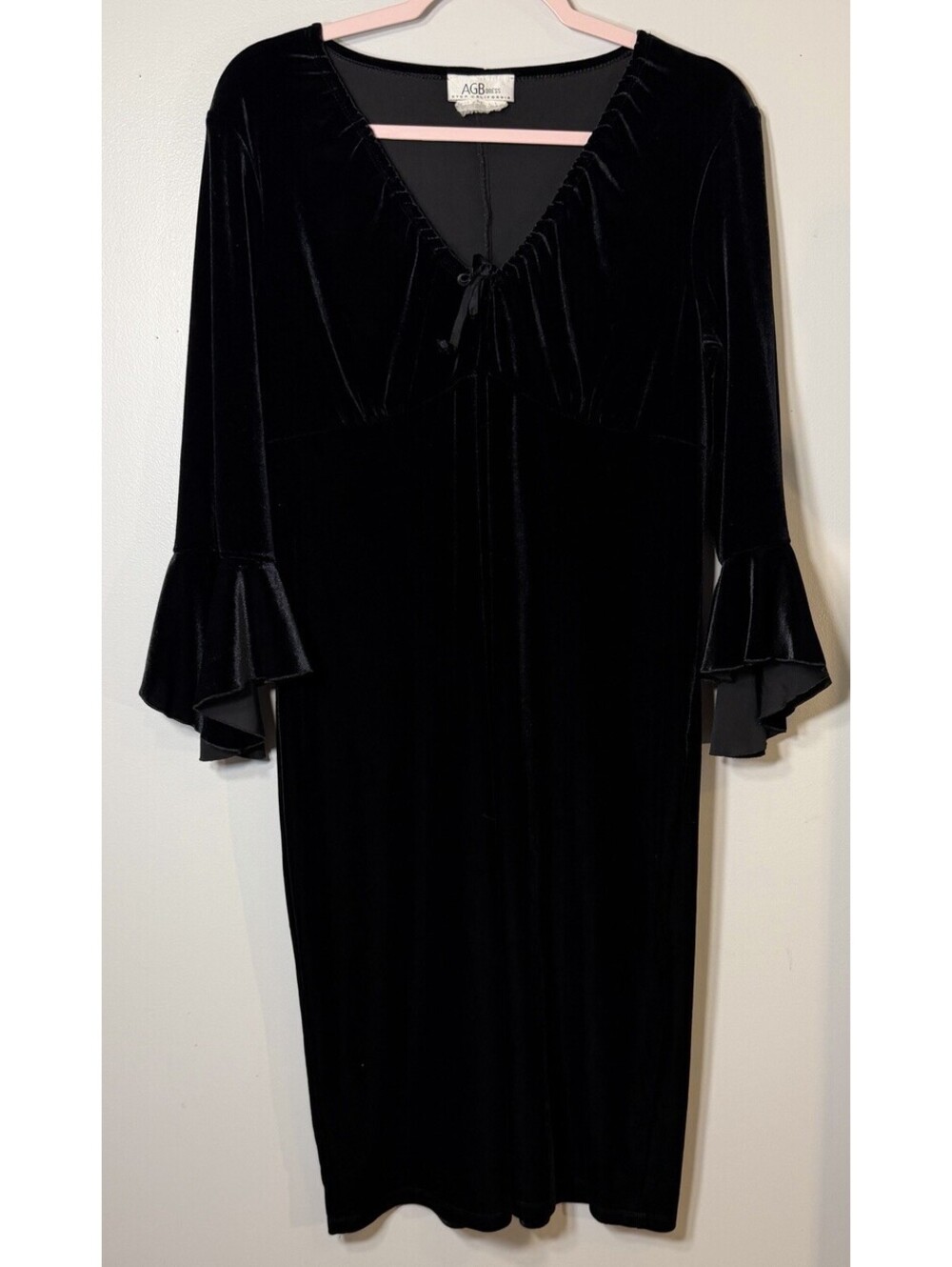 VTG AGB Black Velvet Goth Dress Flared Bell Sleeve Vampy Witchy Empire Waist 16